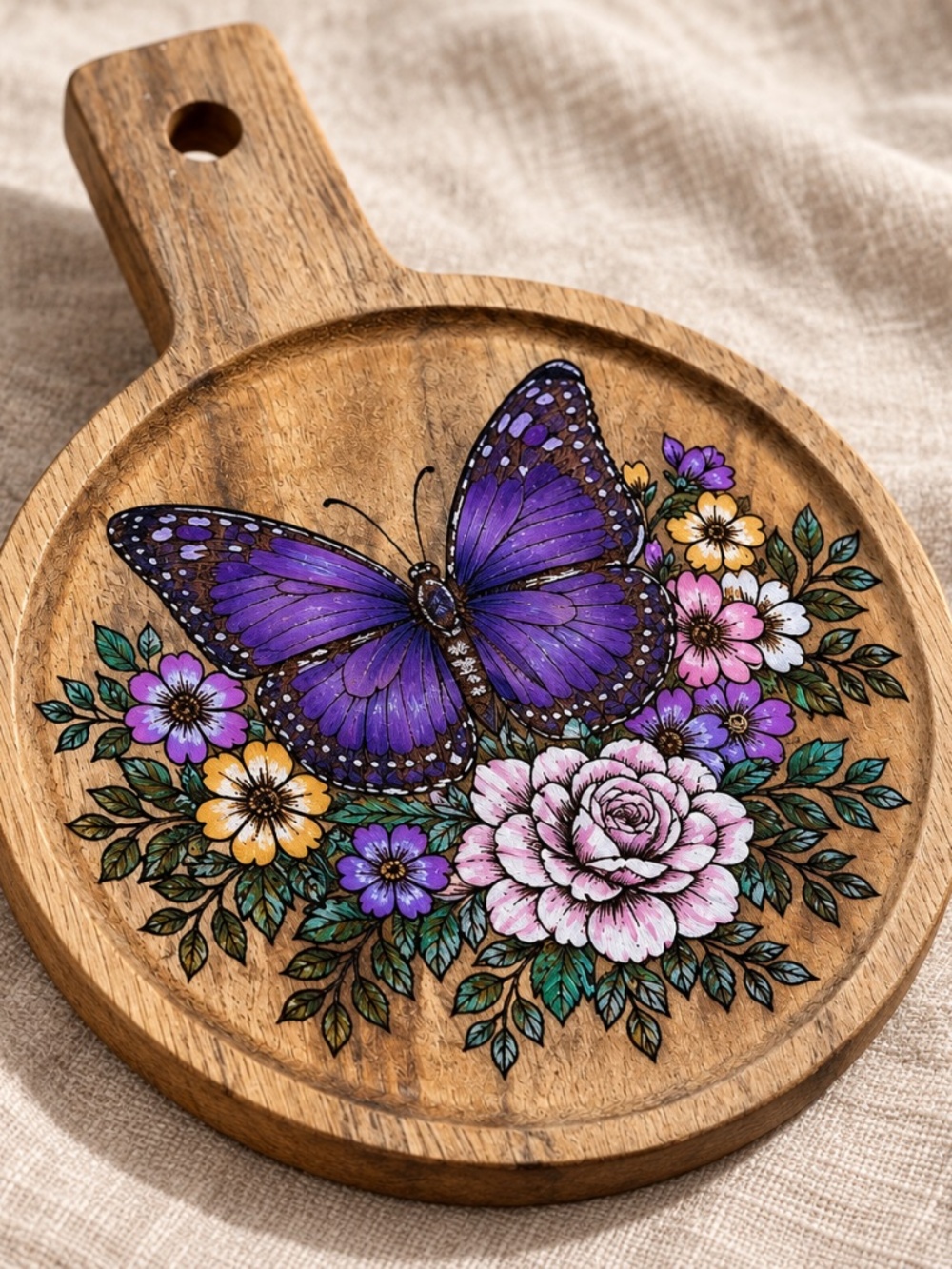 Hand-Painted Purple Butterfly Floral Acacia Wood Mini Paddle